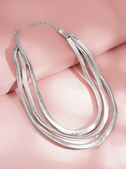 Rhodium Plated Triple Layer Snake Chain Statement Necklace