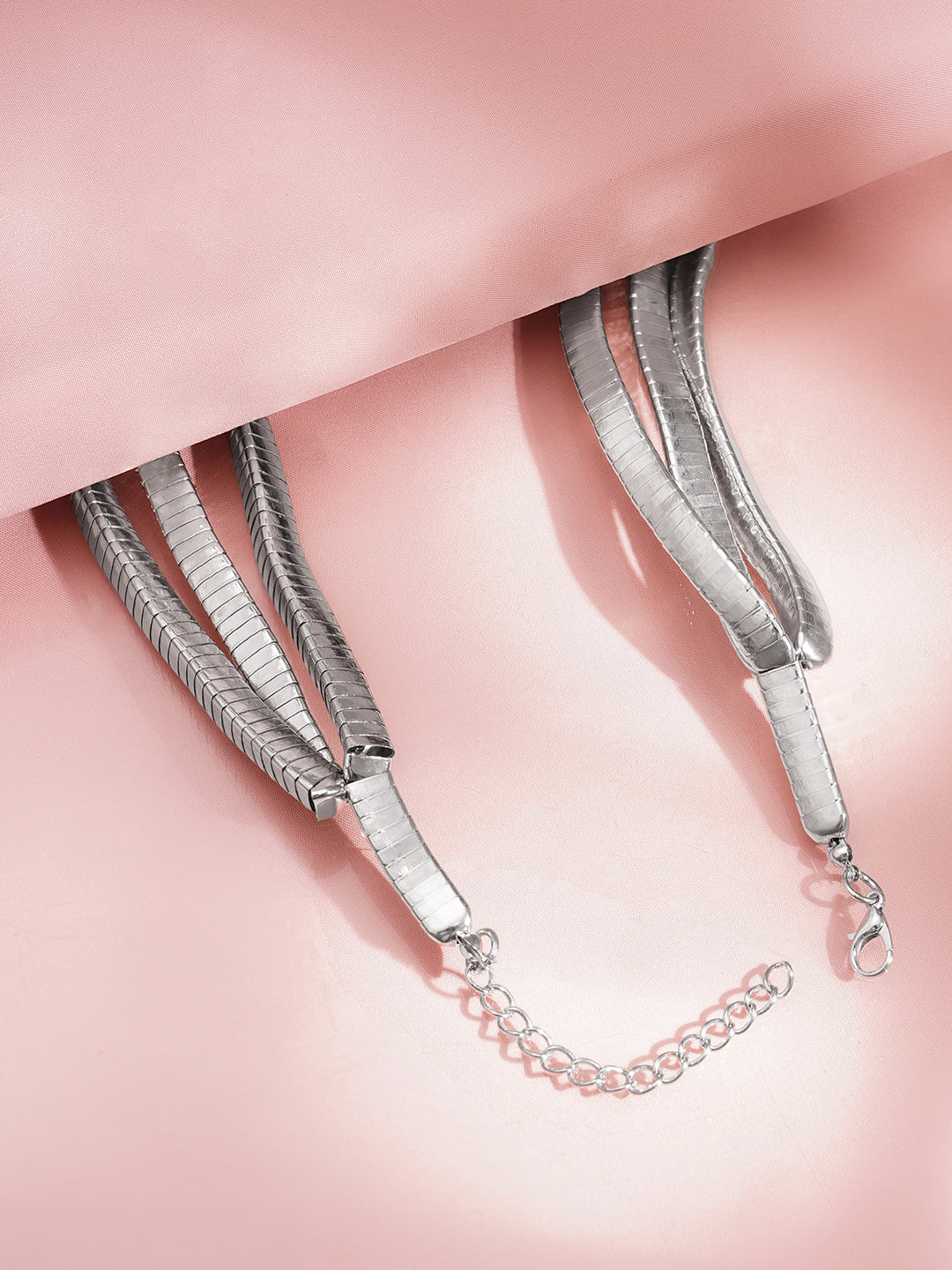 Rhodium Plated Triple Layer Snake Chain Statement Necklace