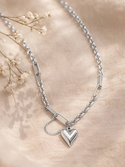 Demi Fine Rhodium Plated Stainless steel Paperclip Curb Chain Heart Pendant Necklace