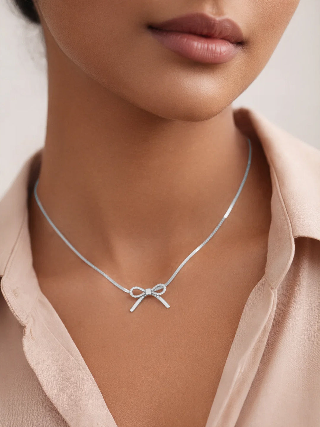 Demi Fine Rhodium Plated Stainless steel Bow Knot Snake Chain Necklace