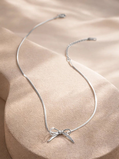 Demi Fine Rhodium Plated Stainless steel Bow Knot Snake Chain Necklace