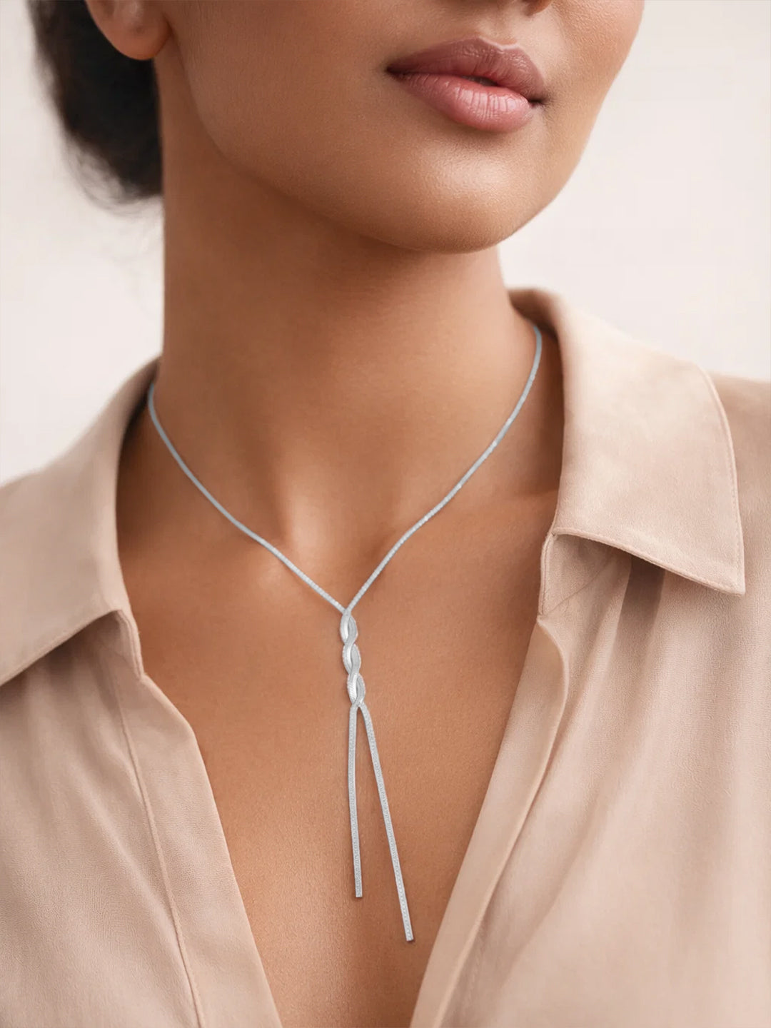 Demi Fine Rhodium Plated Stainless steel Snake Chain Lariat Drop Necklace