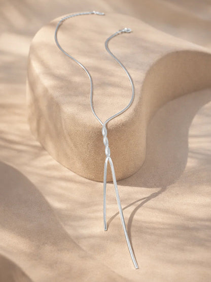 Demi Fine Rhodium Plated Stainless steel Snake Chain Lariat Drop Necklace
