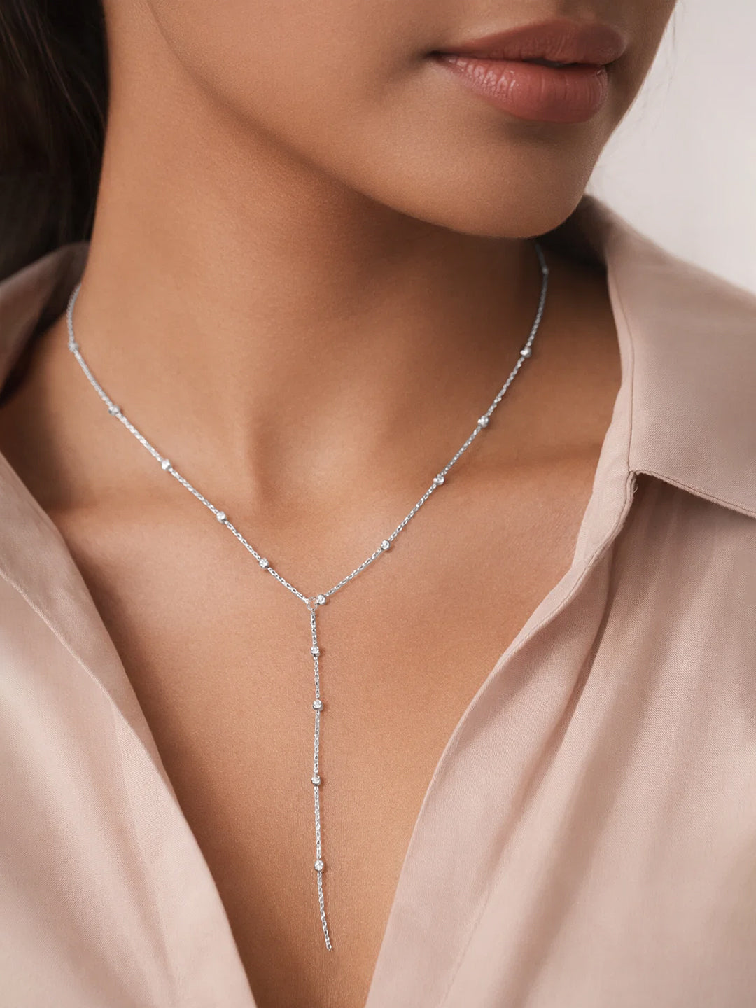 Demi Fine Rhodium Plated Stainless steel Ball Bead Chain Lariat Drop Necklace