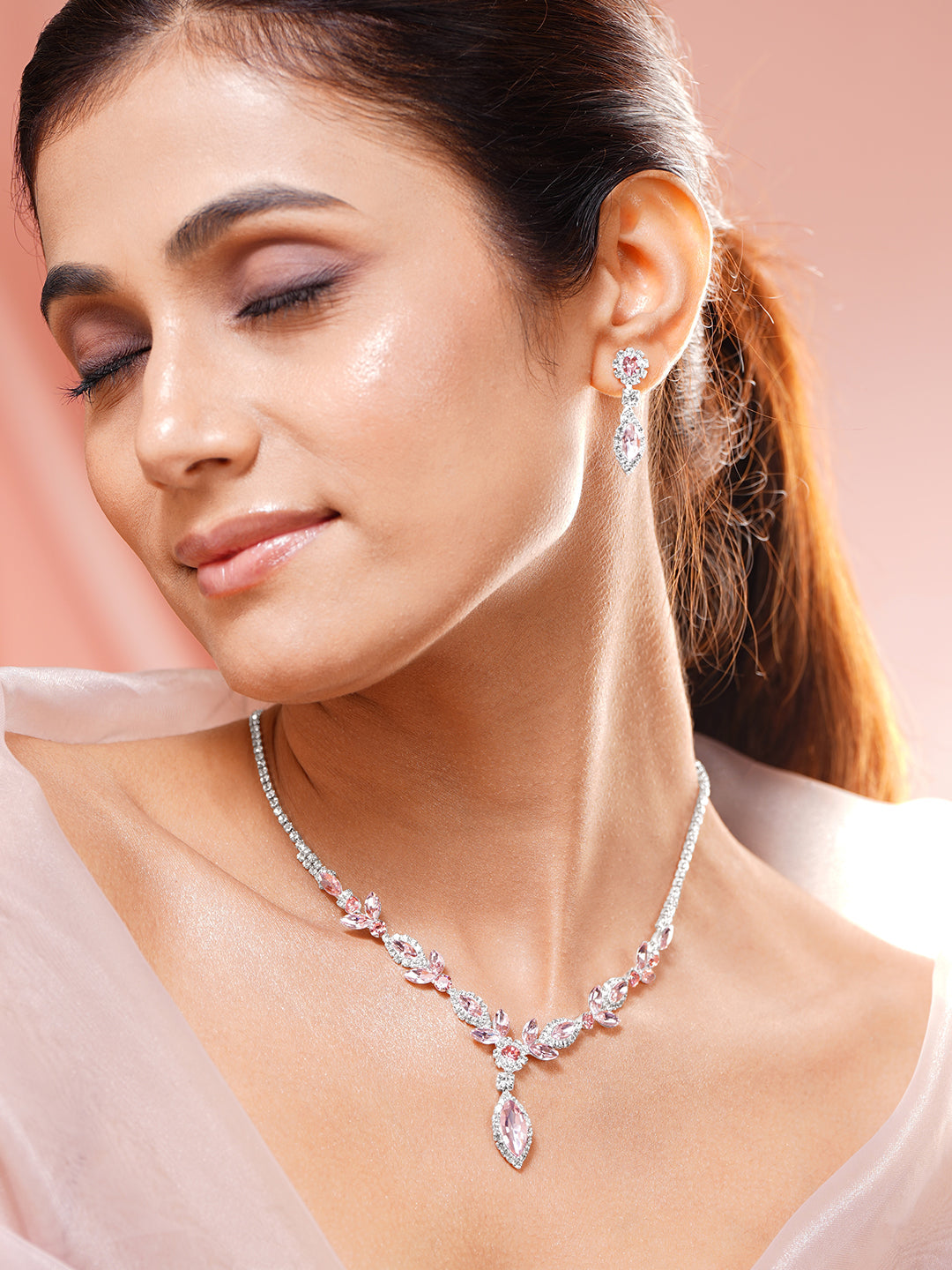 Pink Crystal Floral Drop Necklace Set