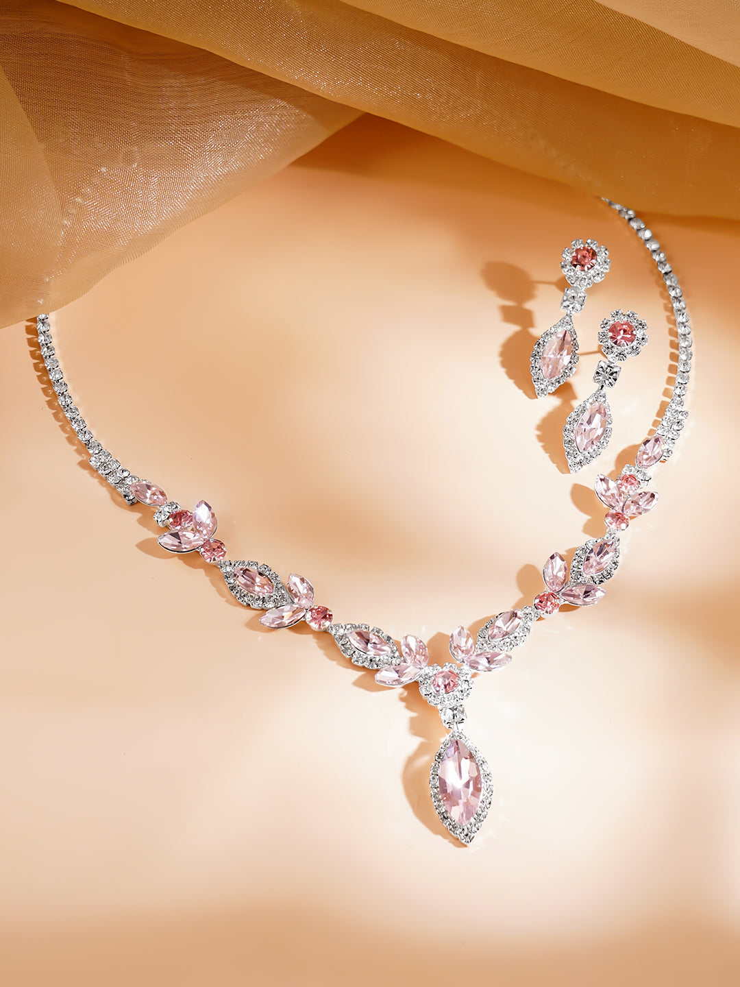 Pink Crystal Floral Drop Necklace Set
