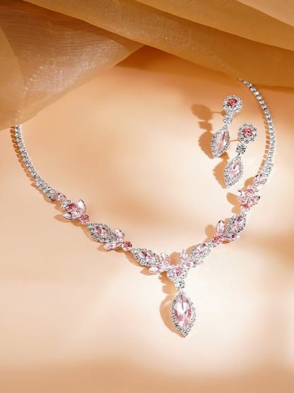 Pink Crystal Floral Drop Necklace Set