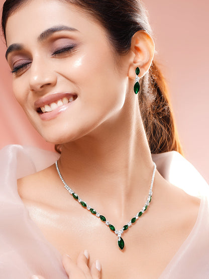 Rhodium Plated Emerald Green Crystal Jewellery Set