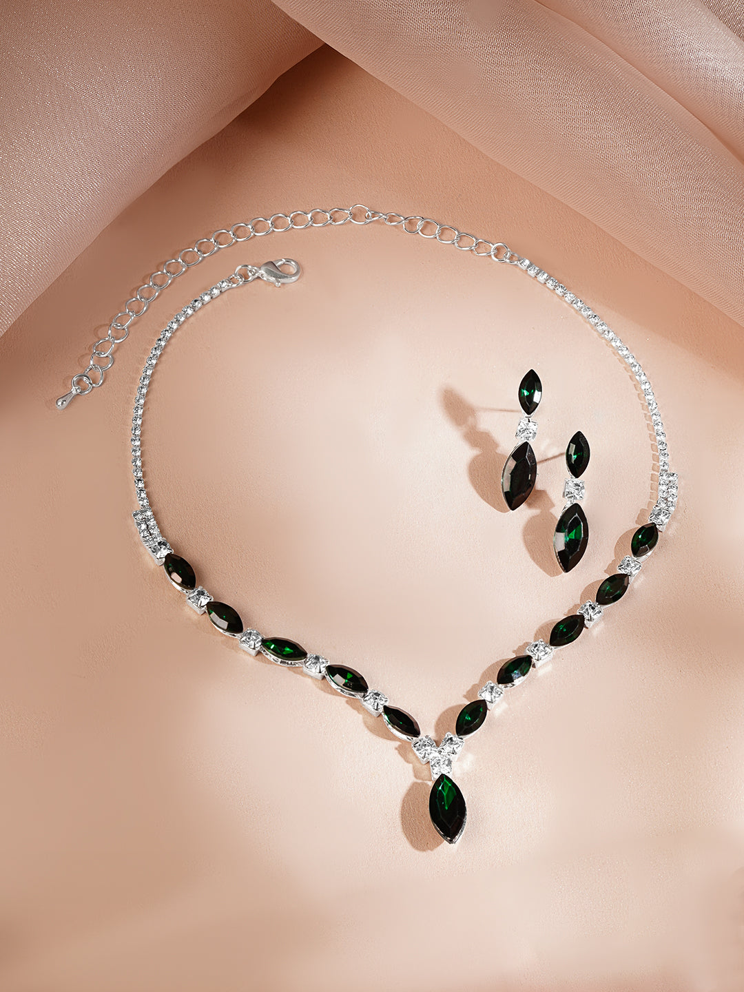 Rhodium Plated Emerald Green Crystal Jewellery Set