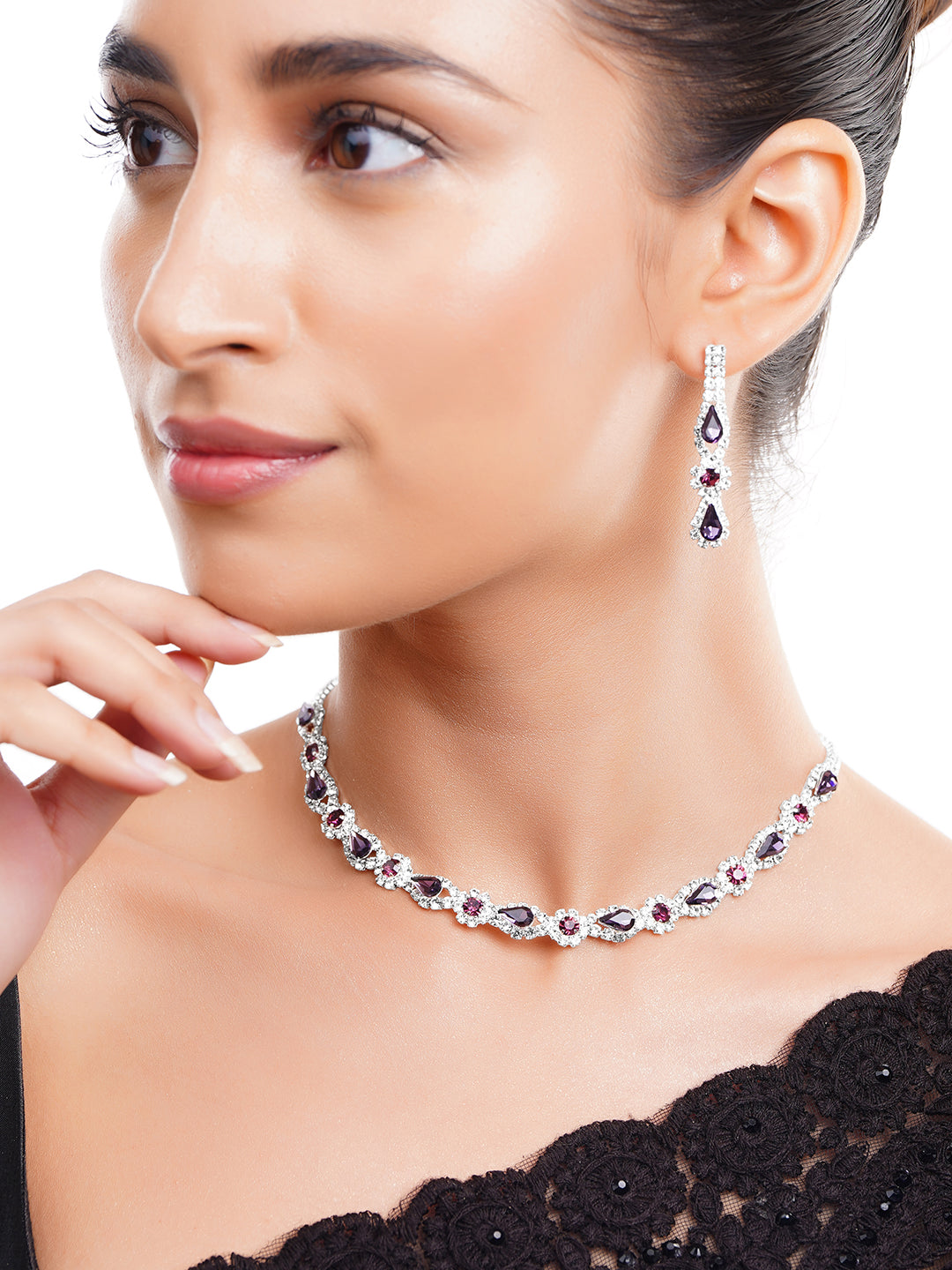 Rhodium Plated Purple Crystal Teardrop Necklace Set