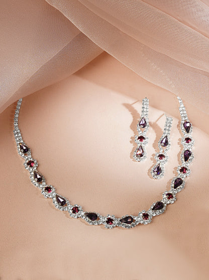 Rhodium Plated Purple Crystal Teardrop Necklace Set