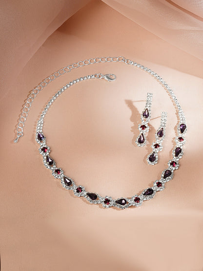 Rhodium Plated Purple Crystal Teardrop Necklace Set