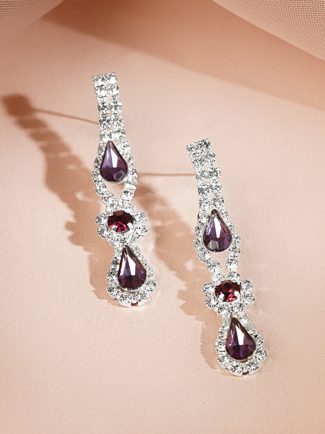 Rhodium Plated Purple Crystal Teardrop Necklace Set