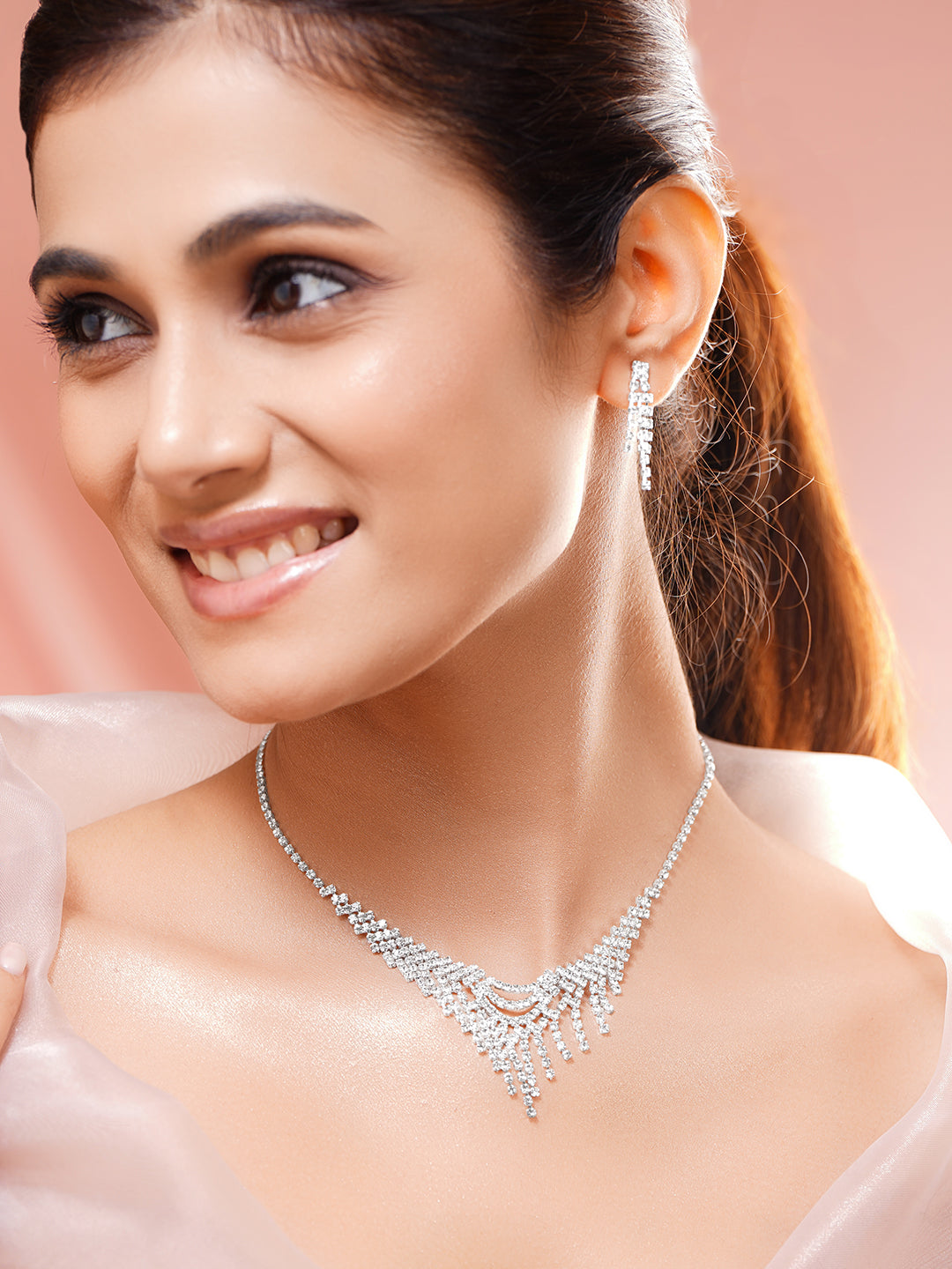 Rhodium Plated Fringe Tassel Crystal Necklace Set