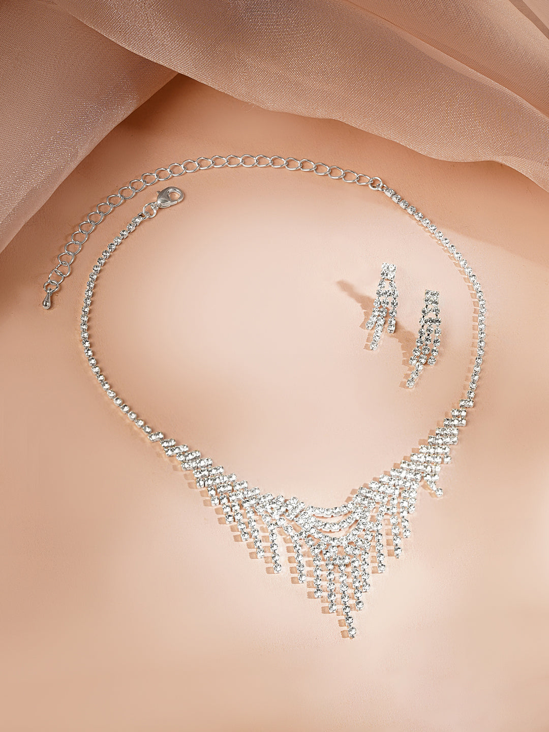 Rhodium Plated Fringe Tassel Crystal Necklace Set