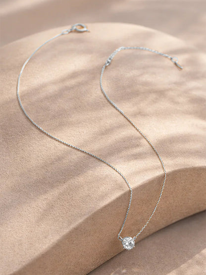 Demi Fine Rhodium Plated Stainless steel Minimal Diamond Solitaire Necklace