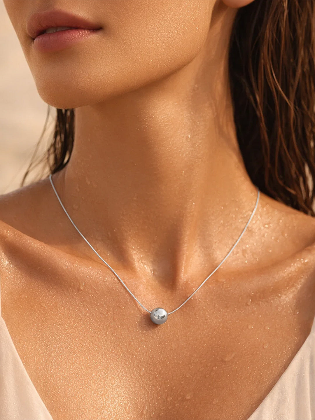 Demi Fine Rhodium Plated Stainless steel Minimal Ball Pendant Snake Chain Necklace