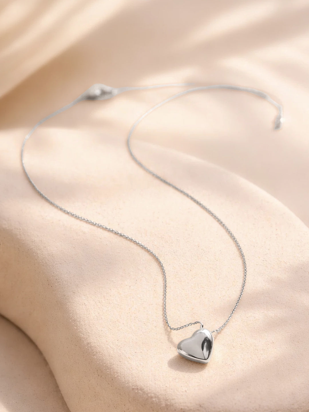 Demi Fine Rhodium Plated Stainless steel Puffy Heart Pendant Rope Chain Necklace