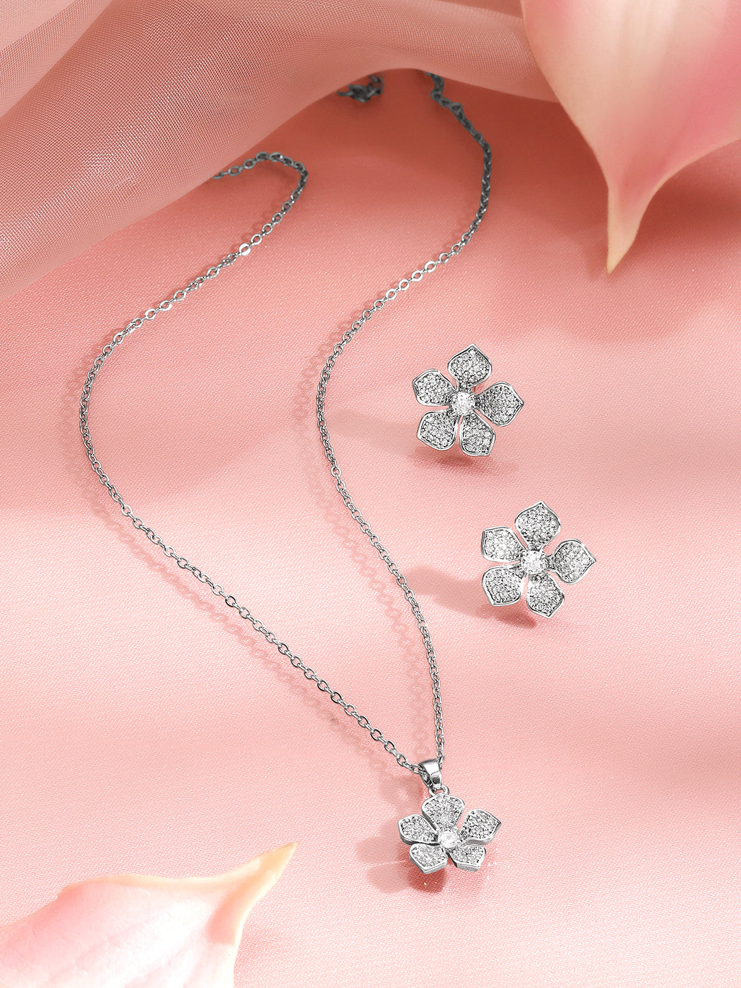 Crystal Diamond Floral Pendant Set