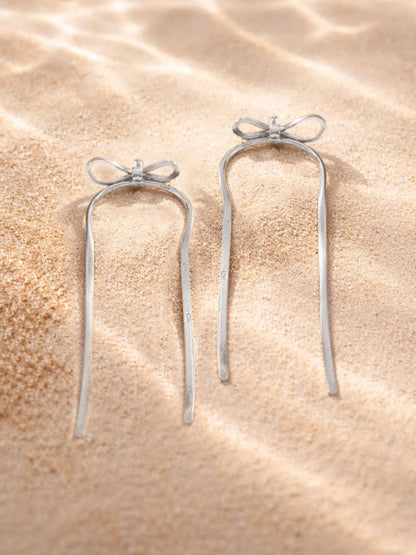 Demi Fine Rhodium Plated Stainless steel Bow Long Drop Dangler Earrings