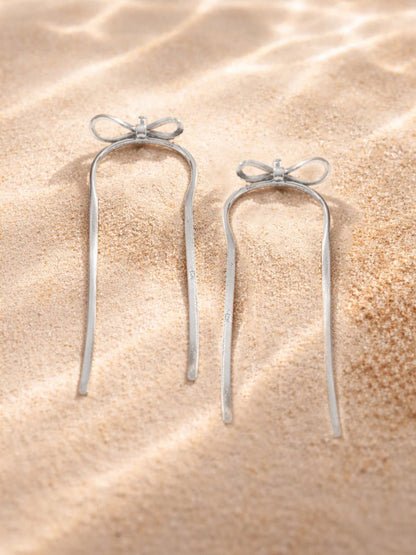 Demi Fine Rhodium Plated Stainless steel Bow Long Drop Dangler Earrings