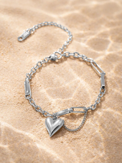 Demi Fine Rhodium Plated Stainless steel Heart Charm Link Chain Bracelet