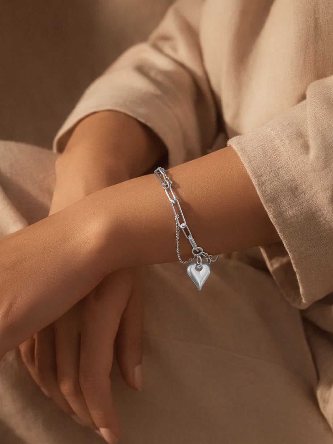 Demi Fine Rhodium Plated Stainless steel Heart Charm Link Chain Bracelet