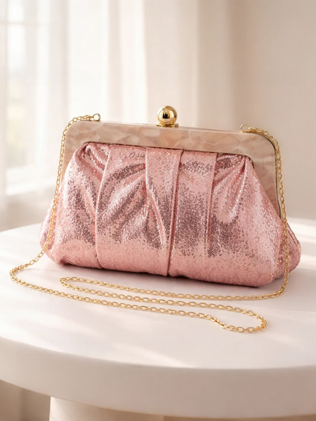 Blush Pink Sequin Draped Frame Clutch