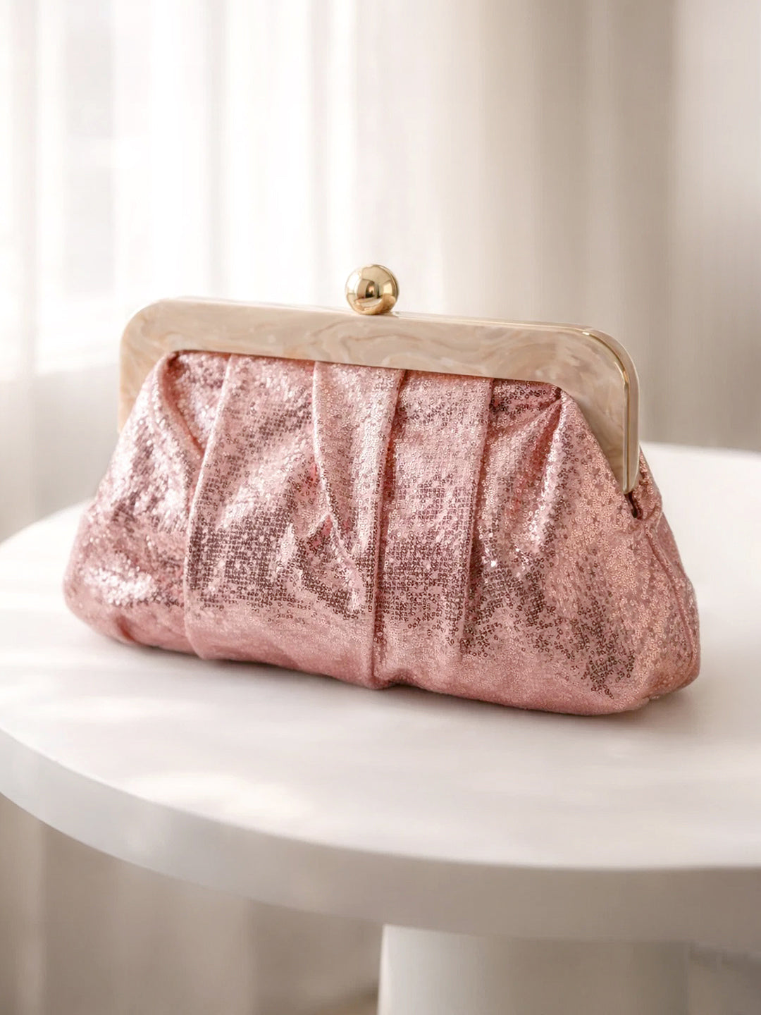 Blush Pink Sequin Draped Frame Clutch