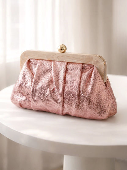 Blush Pink Sequin Draped Frame Clutch