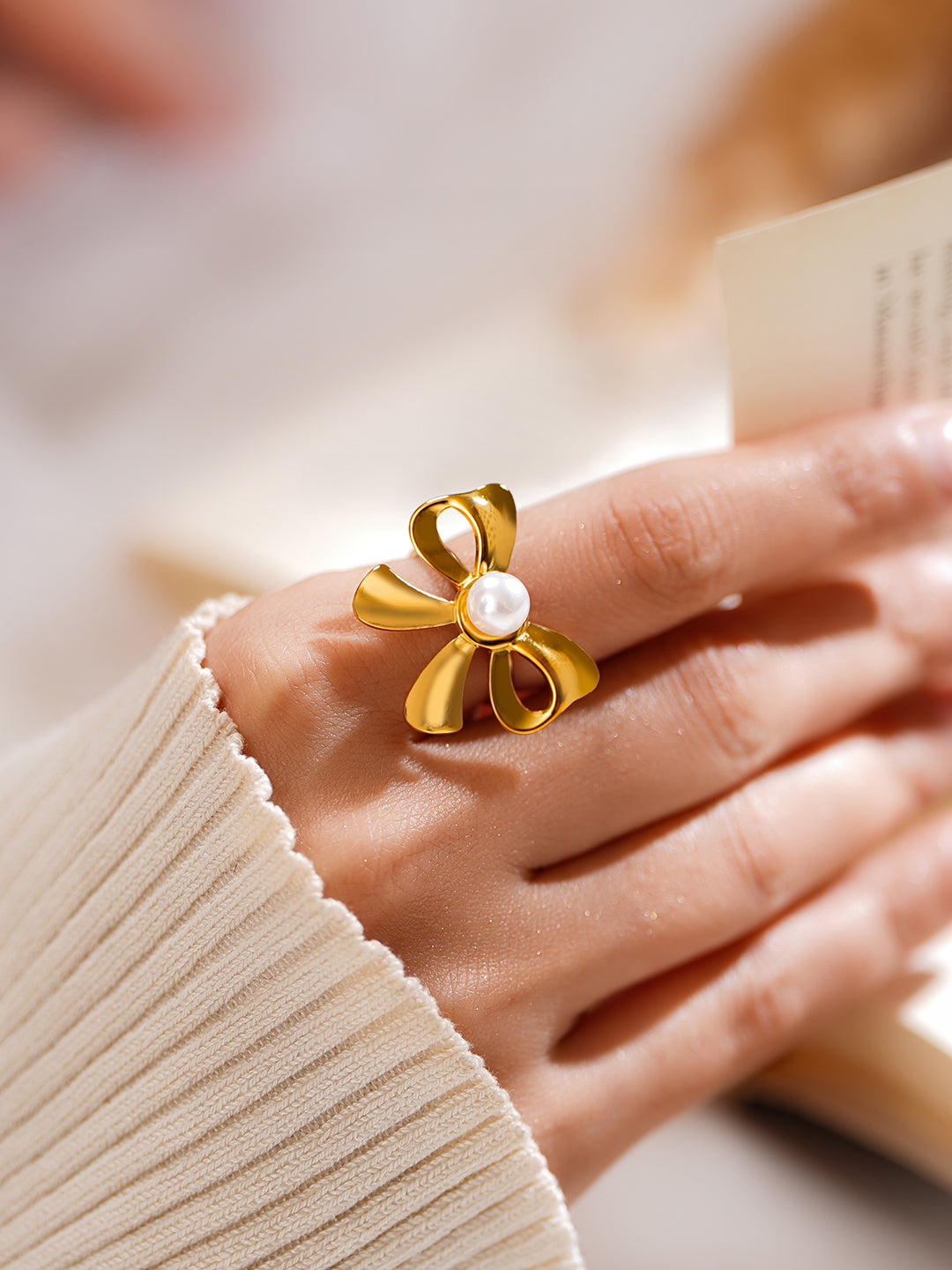 Demi Fine 18K Gold Plated Stainless steel Pearl Bow Statement Ring