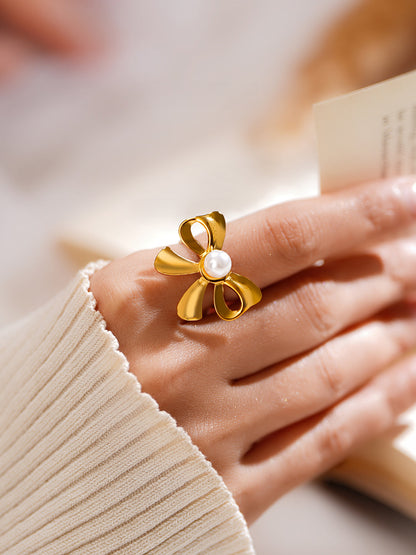 Demi Fine 18K Gold Plated Stainless steel Pearl Bow Statement Ring