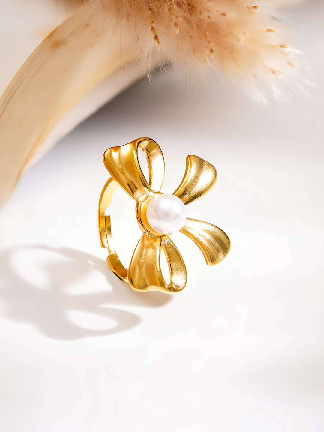 Demi Fine 18K Gold Plated Stainless steel Pearl Bow Statement Ring