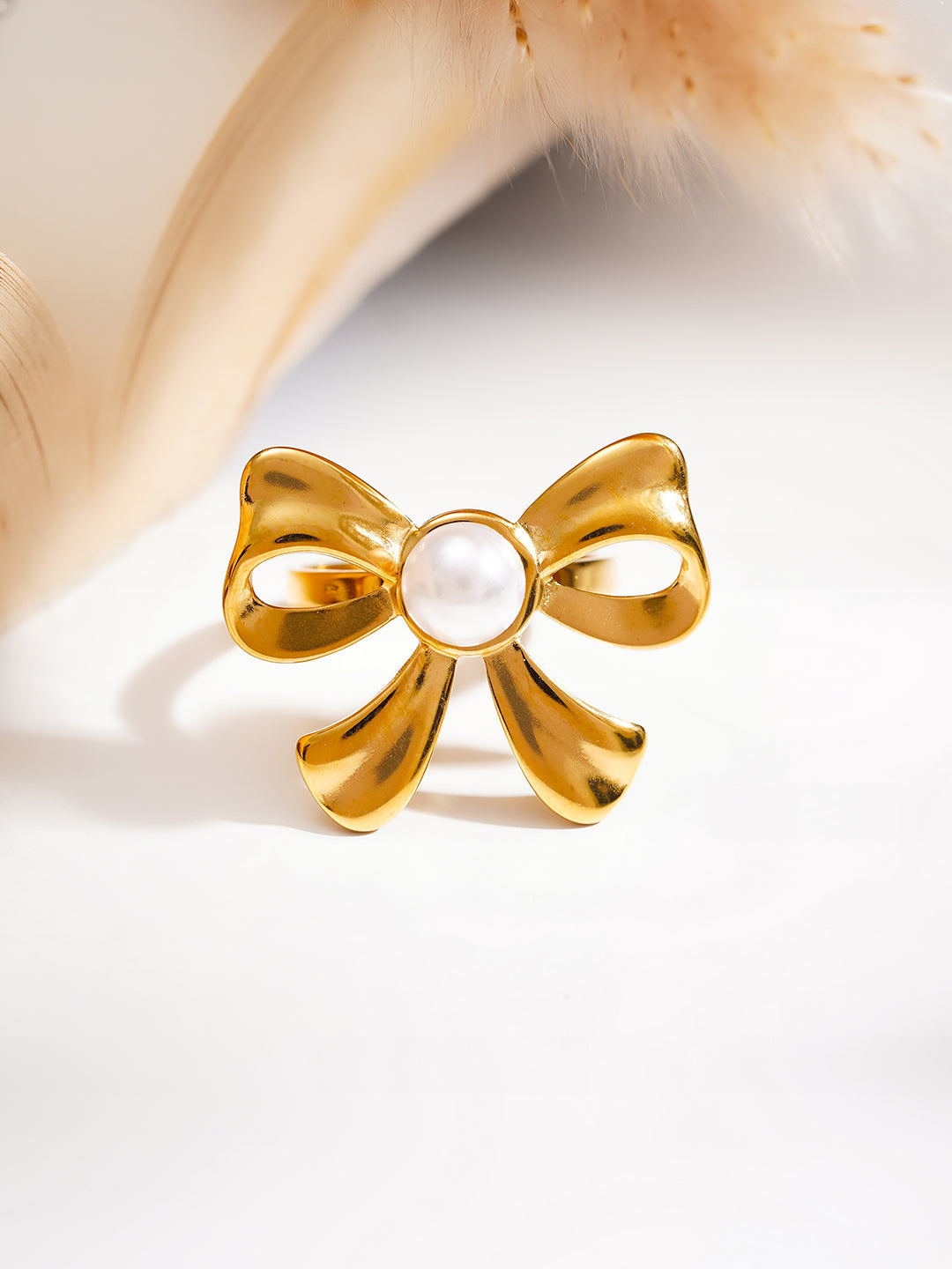 Demi Fine 18K Gold Plated Stainless steel Pearl Bow Statement Ring