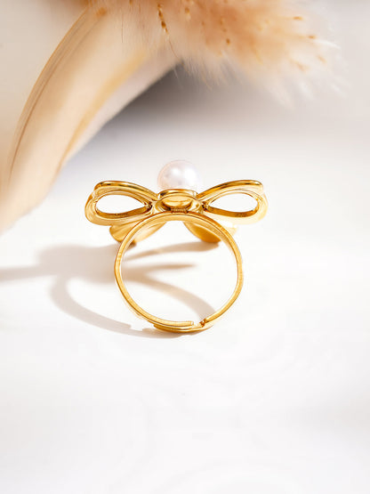 Demi Fine 18K Gold Plated Stainless steel Pearl Bow Statement Ring