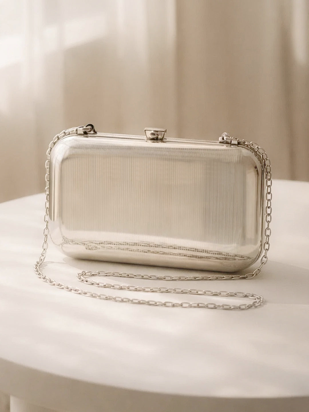Silver Ribbed Metallic Texture Box Clutch