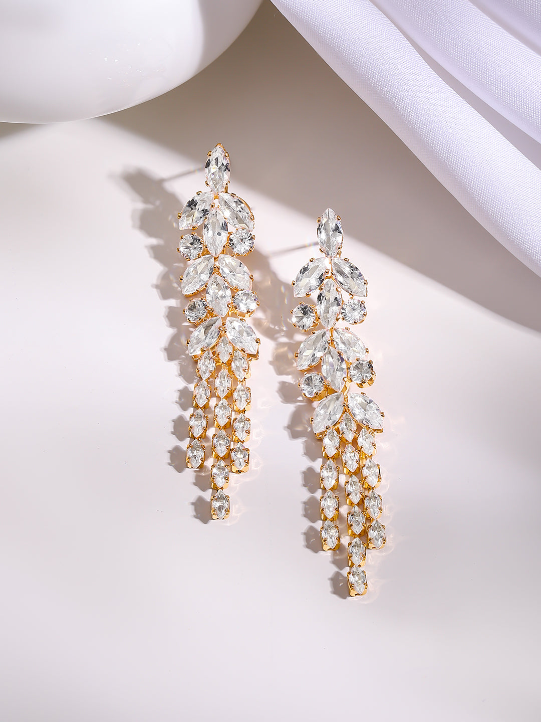 Gold Plated Crystal Leaf Cluster Drop Earrings