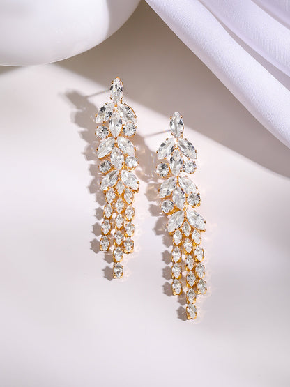 Gold Plated Crystal Leaf Cluster Drop Earrings
