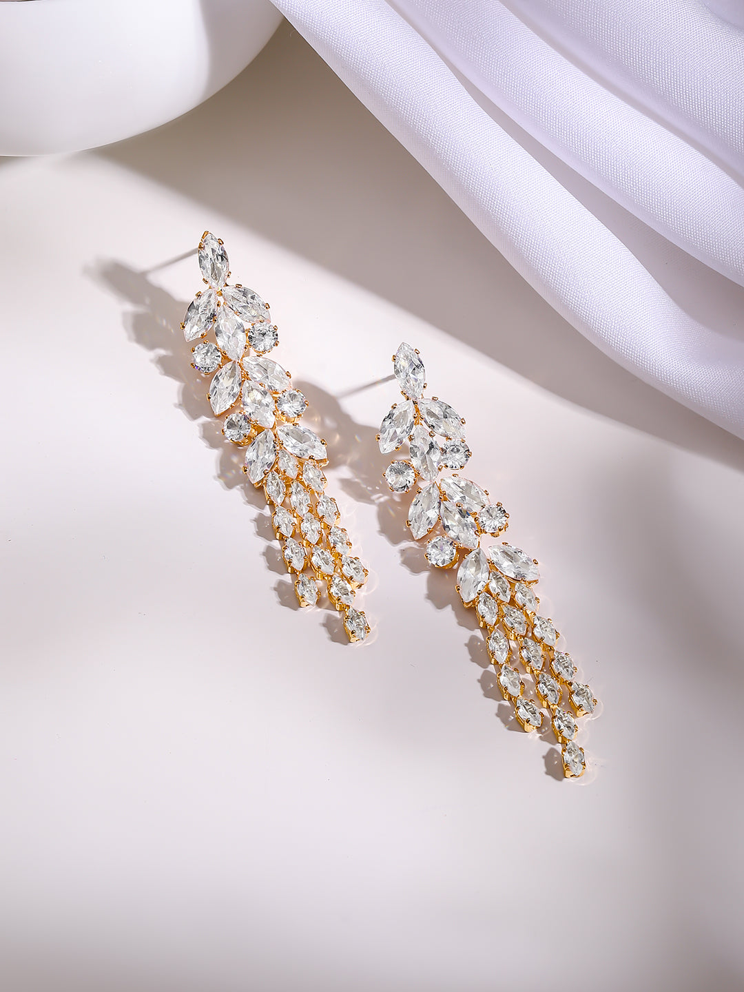 Gold Plated Crystal Leaf Cluster Drop Earrings