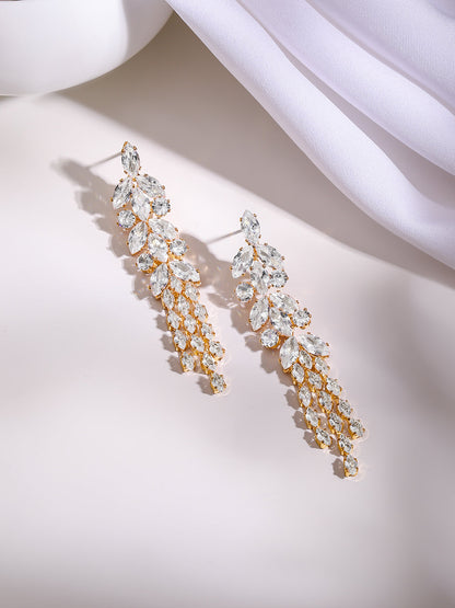 Gold Plated Crystal Leaf Cluster Drop Earrings