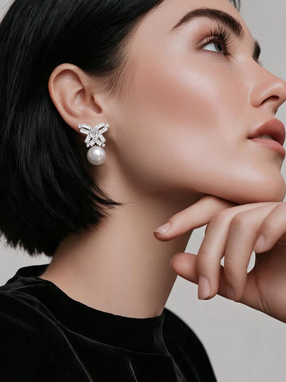 Rhodium Plated Crystal Bow Pearl Drop Earrings