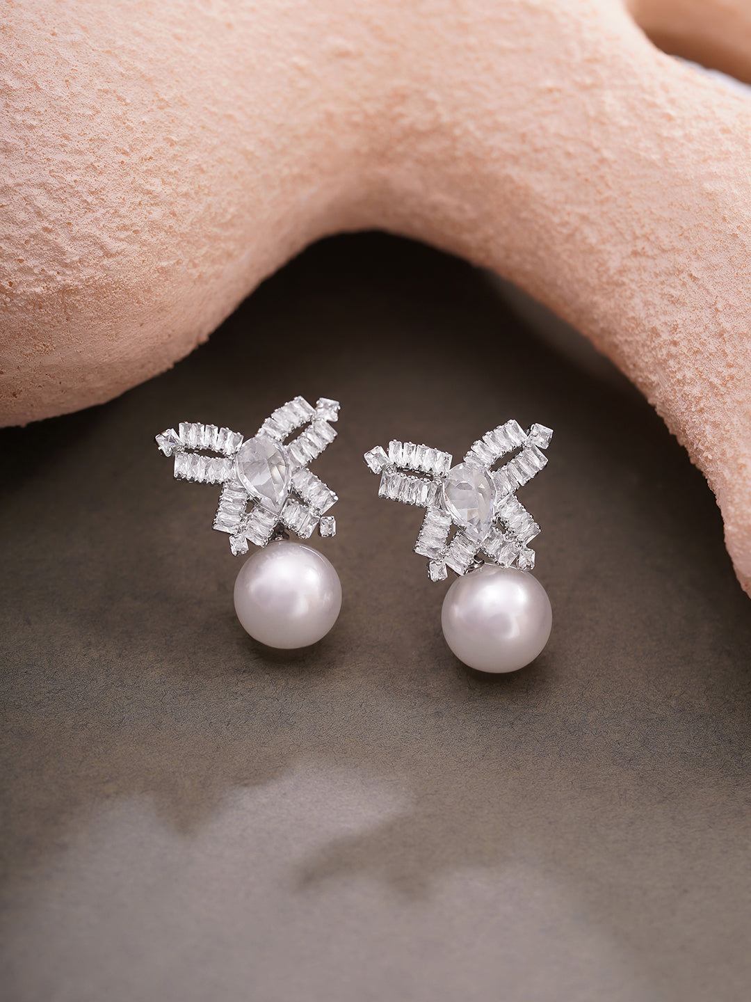 Rhodium Plated Crystal Bow Pearl Drop Earrings