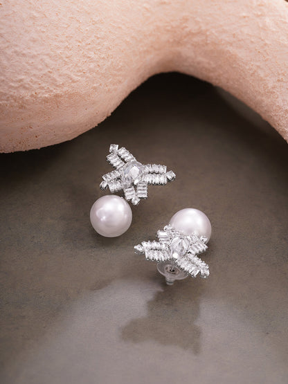 Rhodium Plated Crystal Bow Pearl Drop Earrings