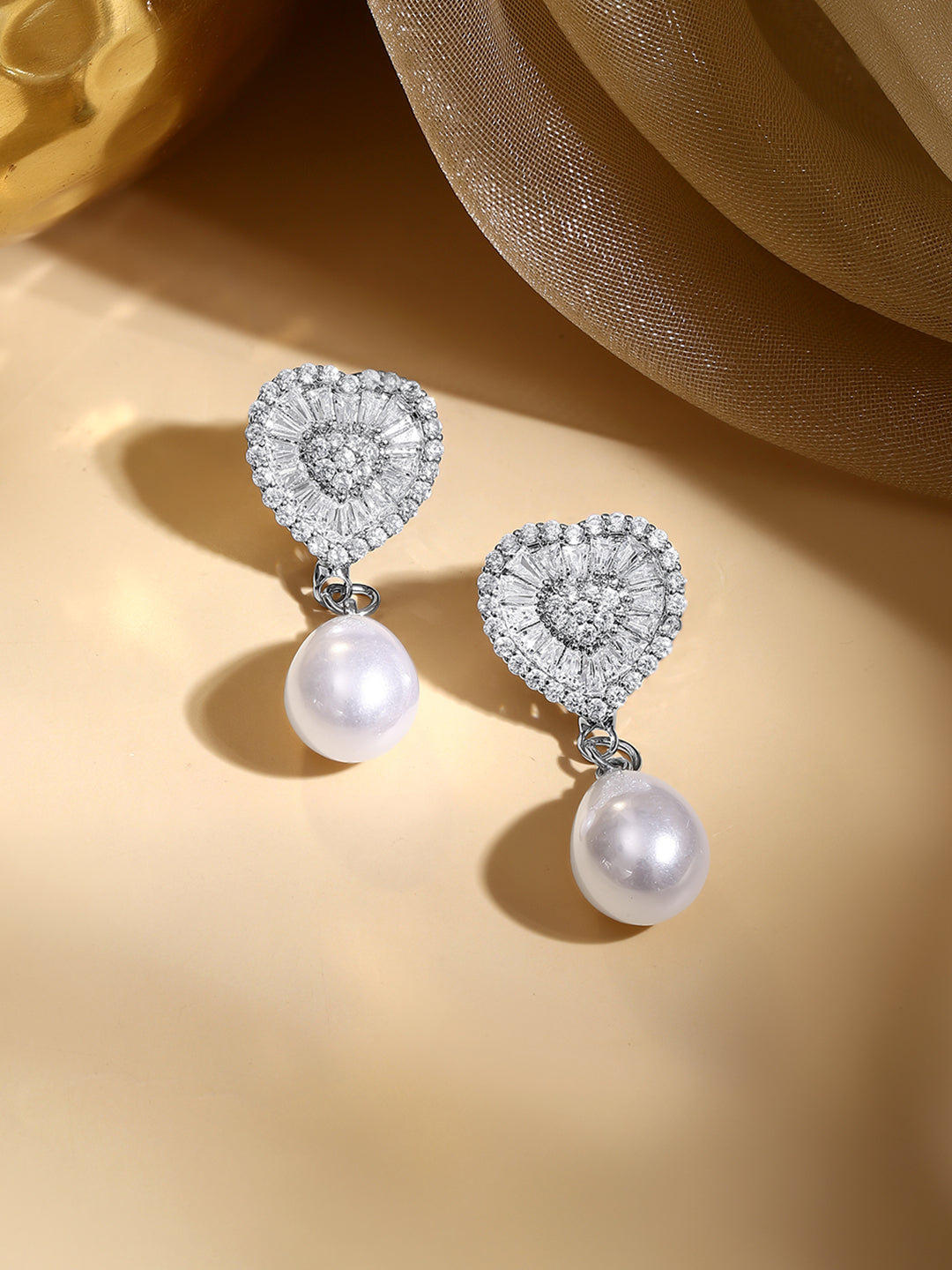 Rhodium Plated Crystal Heart Pearl Drop Earrings