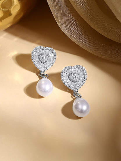 Rhodium Plated Crystal Heart Pearl Drop Earrings
