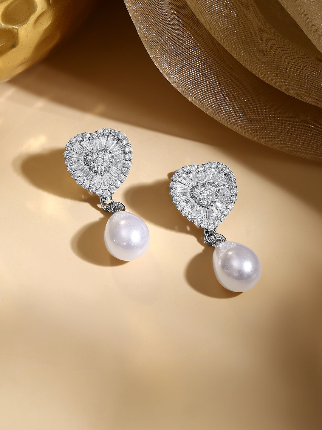 Rhodium Plated Crystal Heart Pearl Drop Earrings