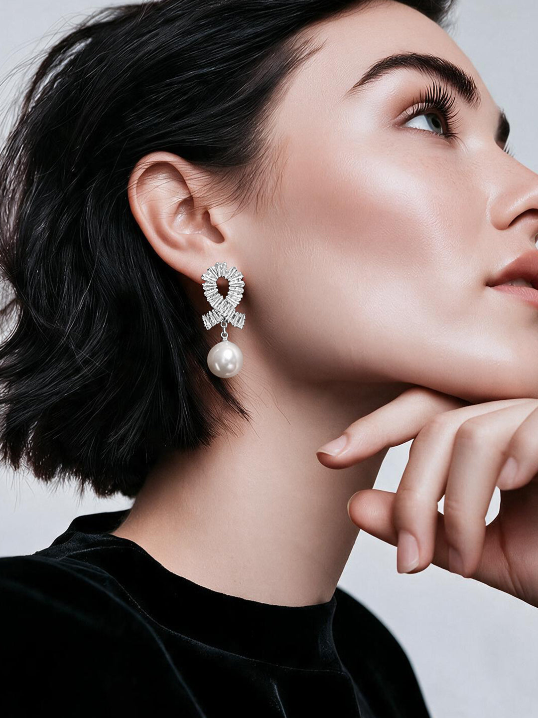 Rhodium Plated Crystal Spiral Pearl Drop Earrings