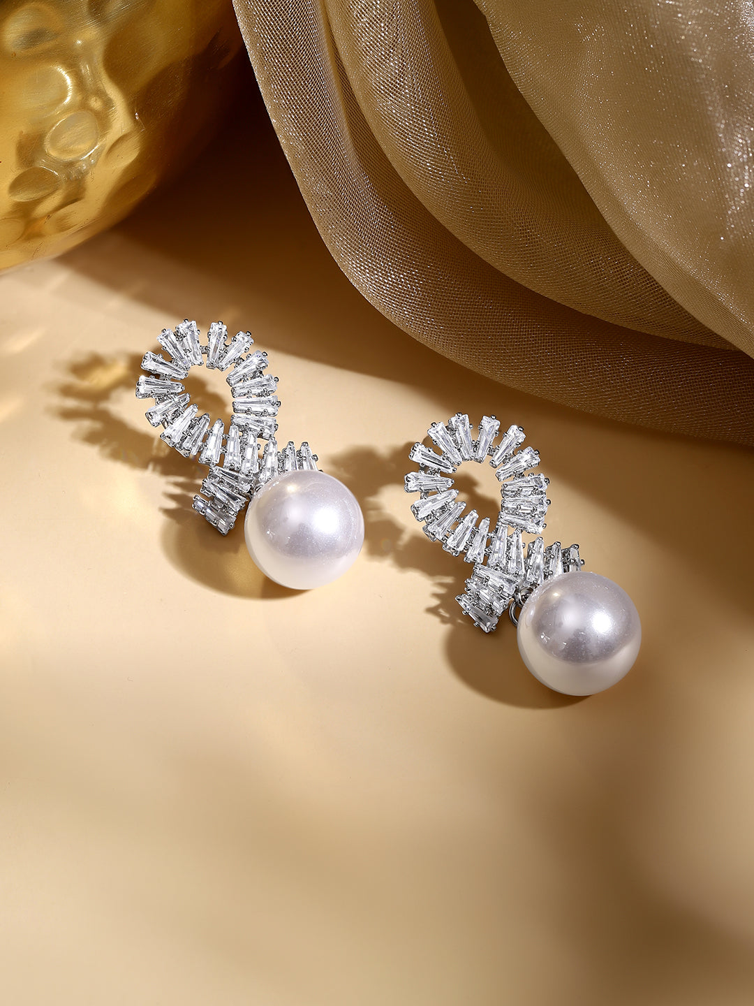Rhodium Plated Crystal Spiral Pearl Drop Earrings