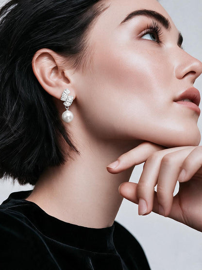 Rhodium Plated Crystal Bow Knot Pearl Drop Earrings