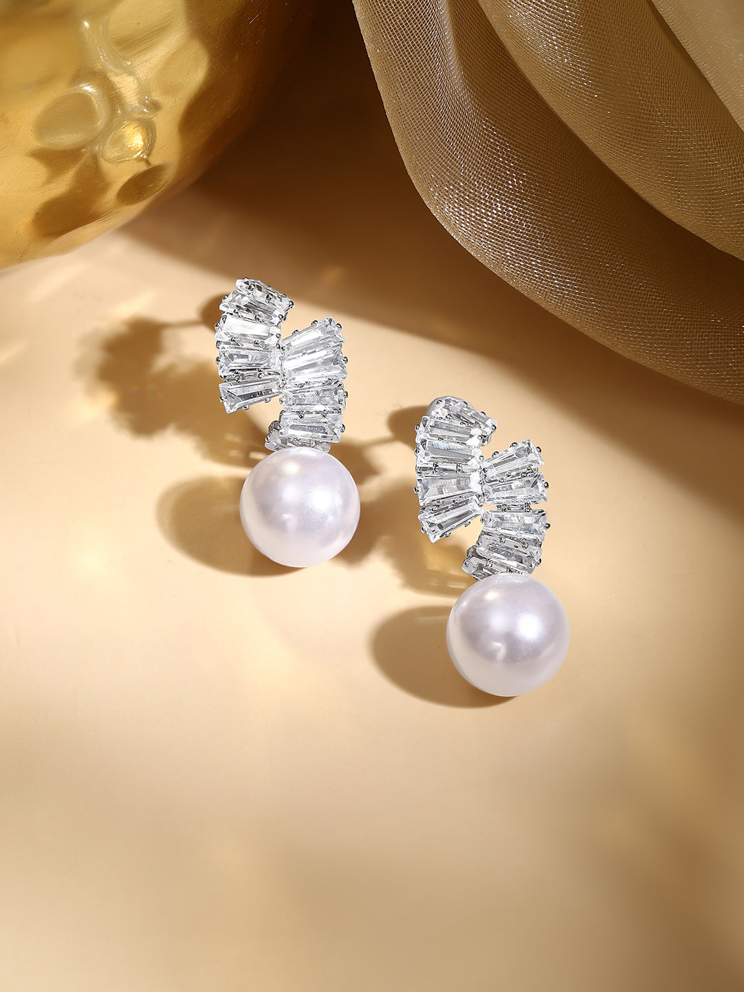 Rhodium Plated Crystal Bow Knot Pearl Drop Earrings